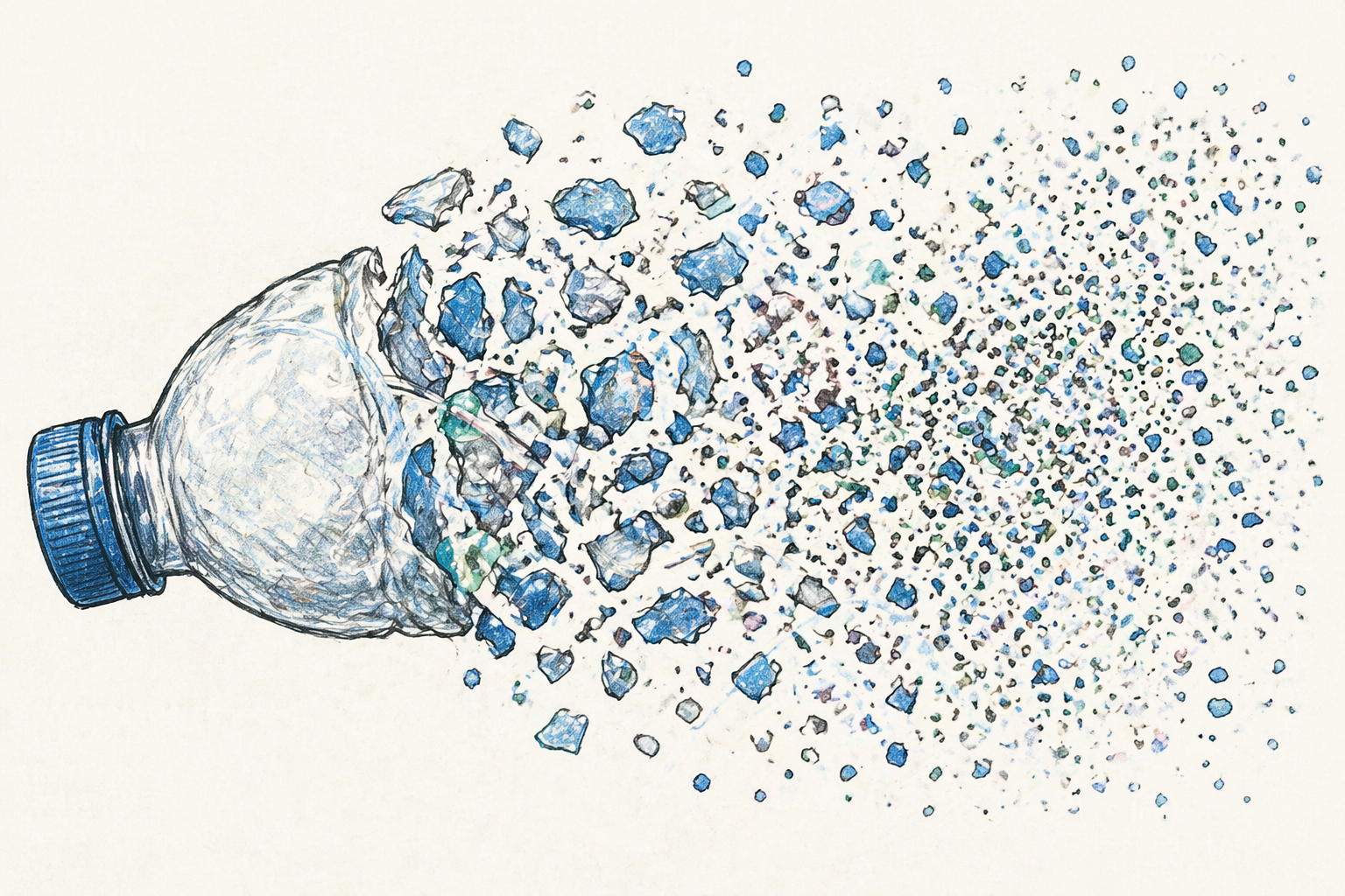 Illustration of a plastic bottle disintegrating into microplastic particles