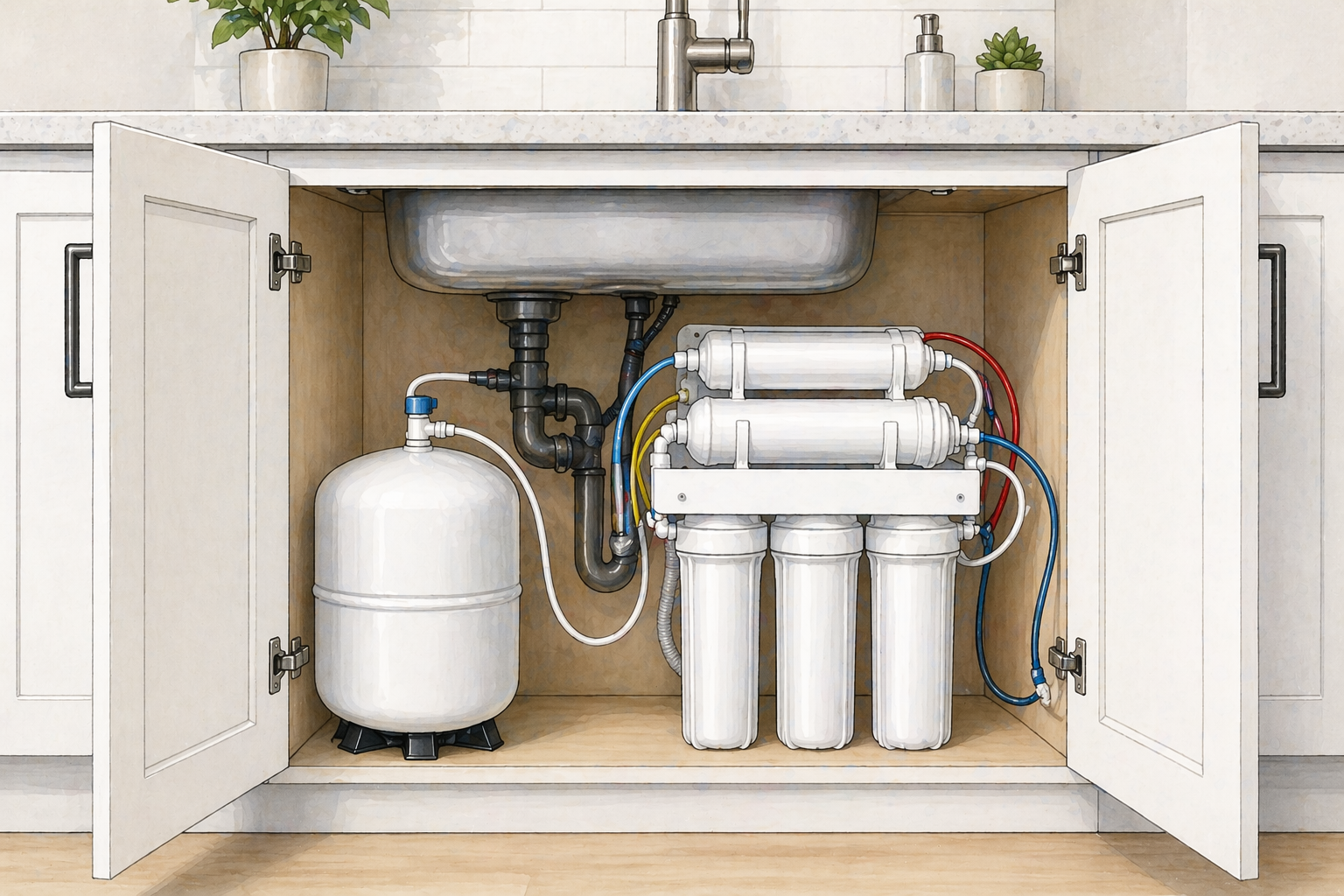 Illustration of a reverse osmosis filter system installed under a kitchen sink